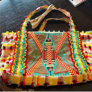 American & Beyond Beaded Aztec design tassels tote